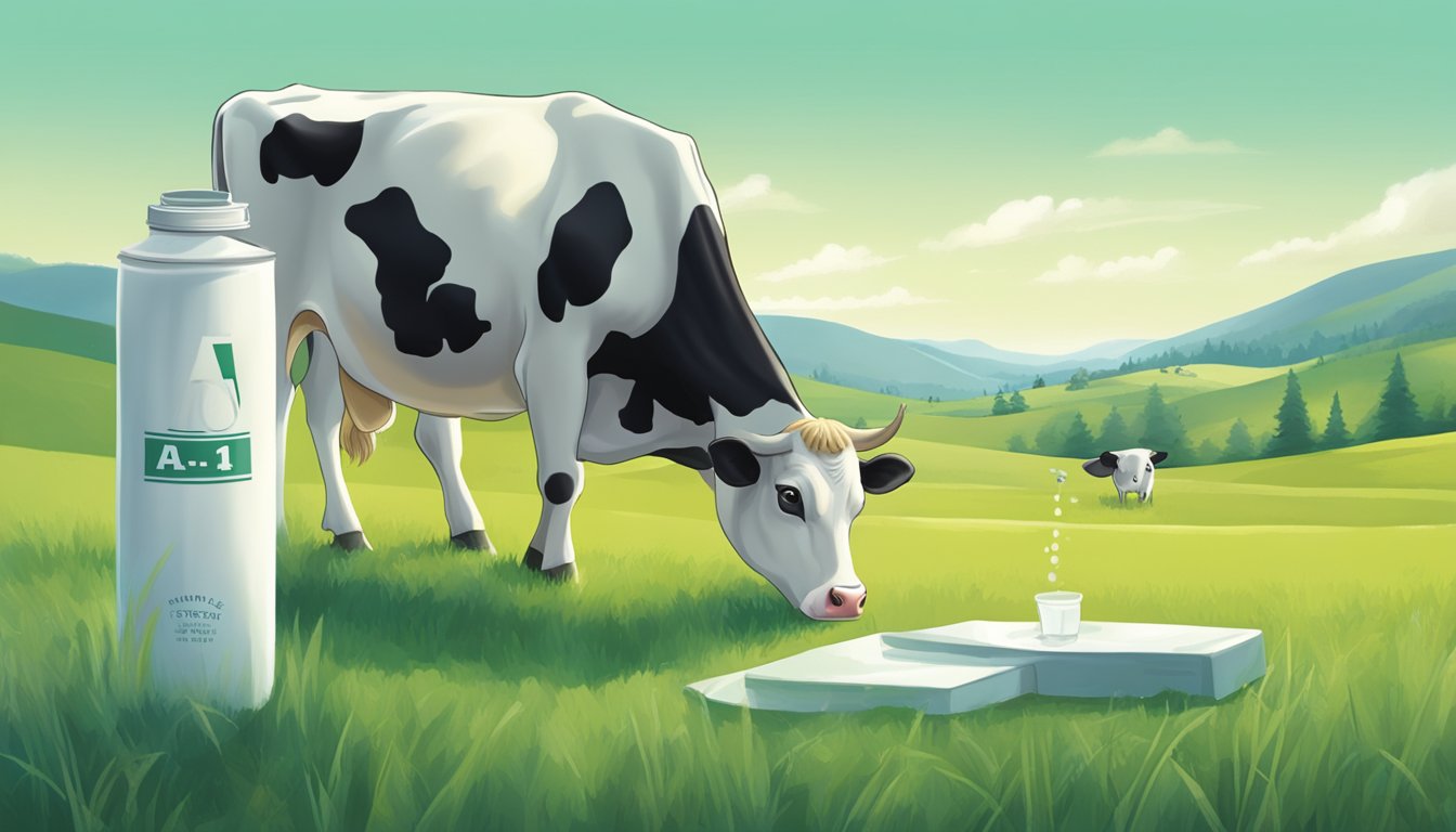 A cow standing in a green pasture, with a prominent "A1" label on its milk container, while a scientist examines a microscope slide of milk