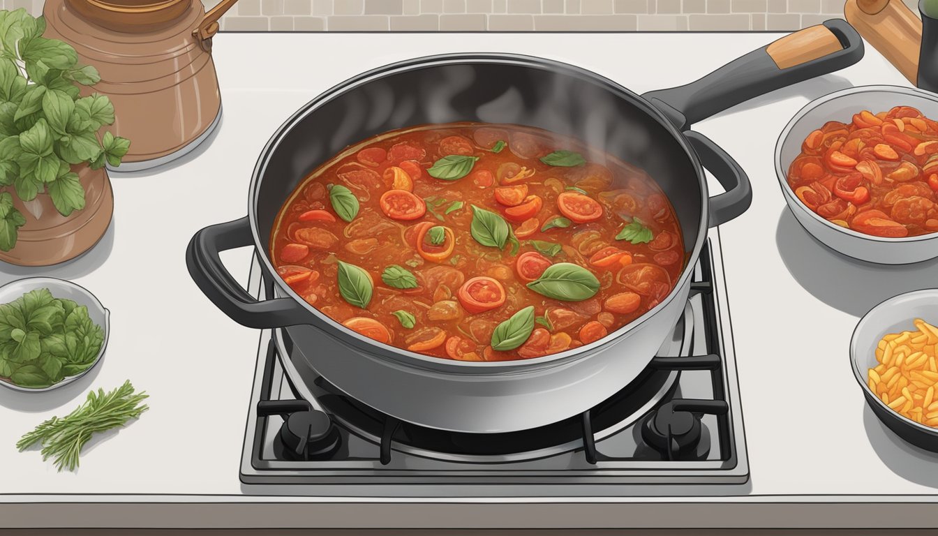 A bubbling pot of rich, savory ragu simmers on a stovetop, filling the air with the aroma of tomatoes, herbs, and slow-cooked meats