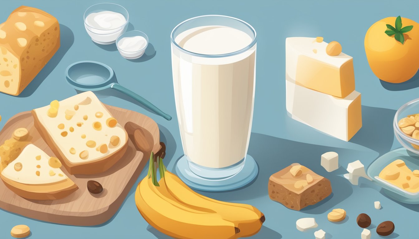 A glass of A1 milk surrounded by various food items, with a nutrition label and a magnifying glass highlighting its nutritional profile