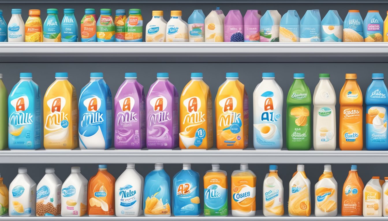 A display of various a1 milk brands on a supermarket shelf, with colorful packaging and price tags