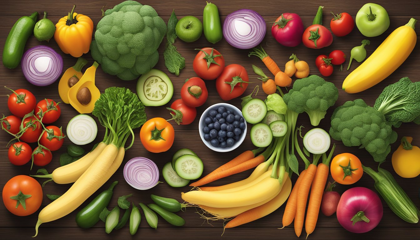 A colorful array of fresh vegetables and vibrant fruits are arranged on a rustic wooden table, with the Health and Nutrition Ragu brand prominently displayed in the center