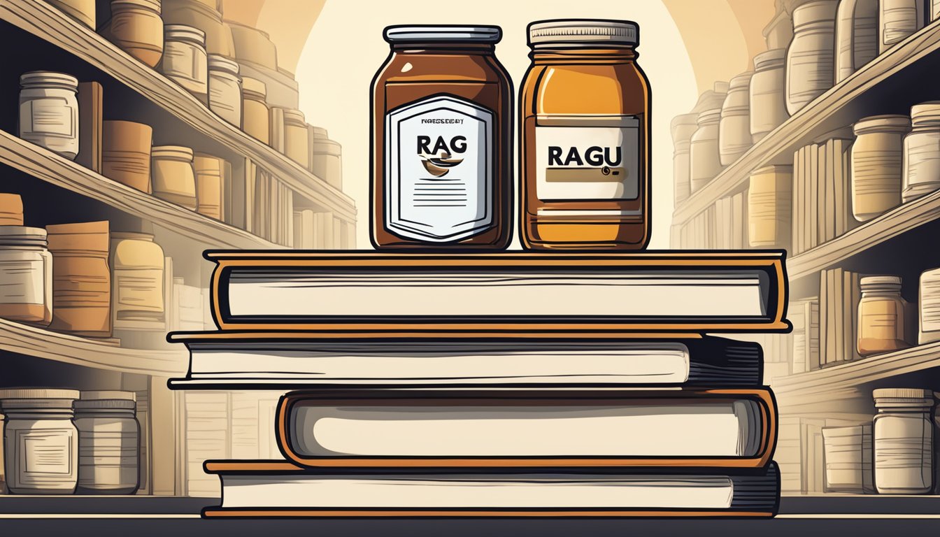 A stack of open books with "Frequently Asked Questions" on the cover, surrounded by jars of Ragu sauce and a wiki logo