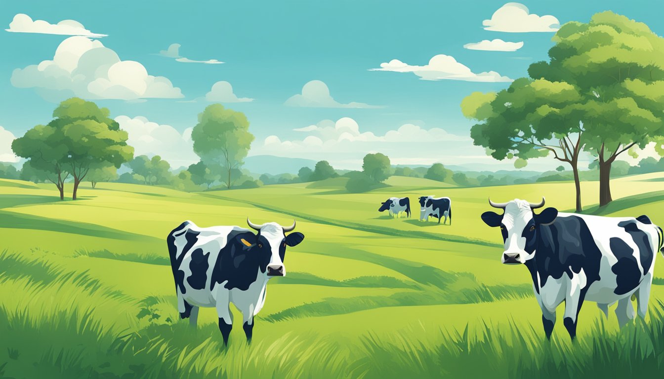A serene pasture with grazing cows, surrounded by lush greenery and clear blue skies, symbolizing ethical and environmentally conscious A1 milk brands