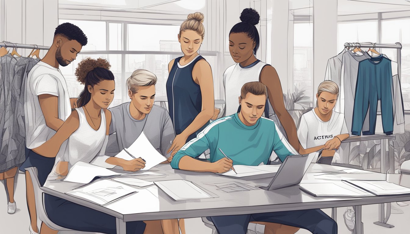 A group of activewear designers in Australia collaborate on new fabric and style innovations, surrounded by sketches and swatches