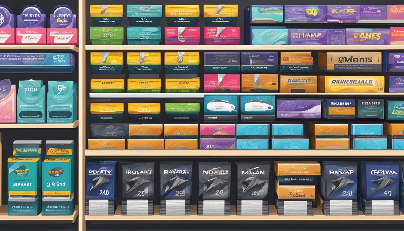 Various razor blade brands displayed on a shelf in a store. Different packaging and designs