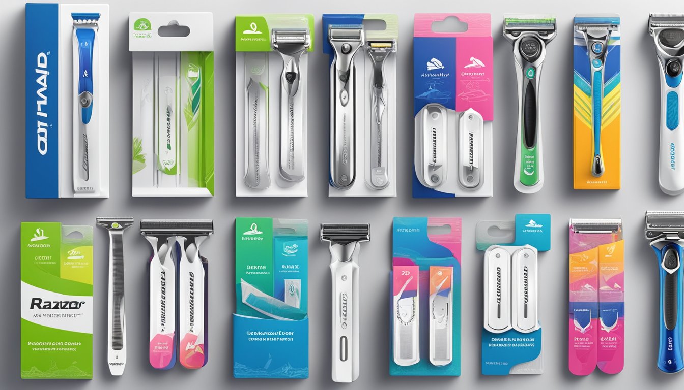 Various razor blade brands displayed on a clean, white surface with their packaging and different types of blades