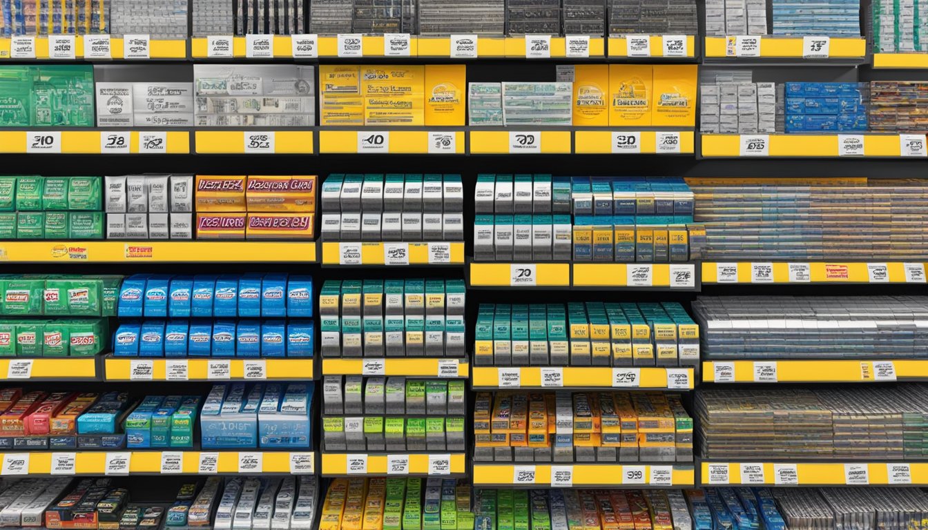 A variety of razor blade brands arranged on a store shelf, with price tags visible