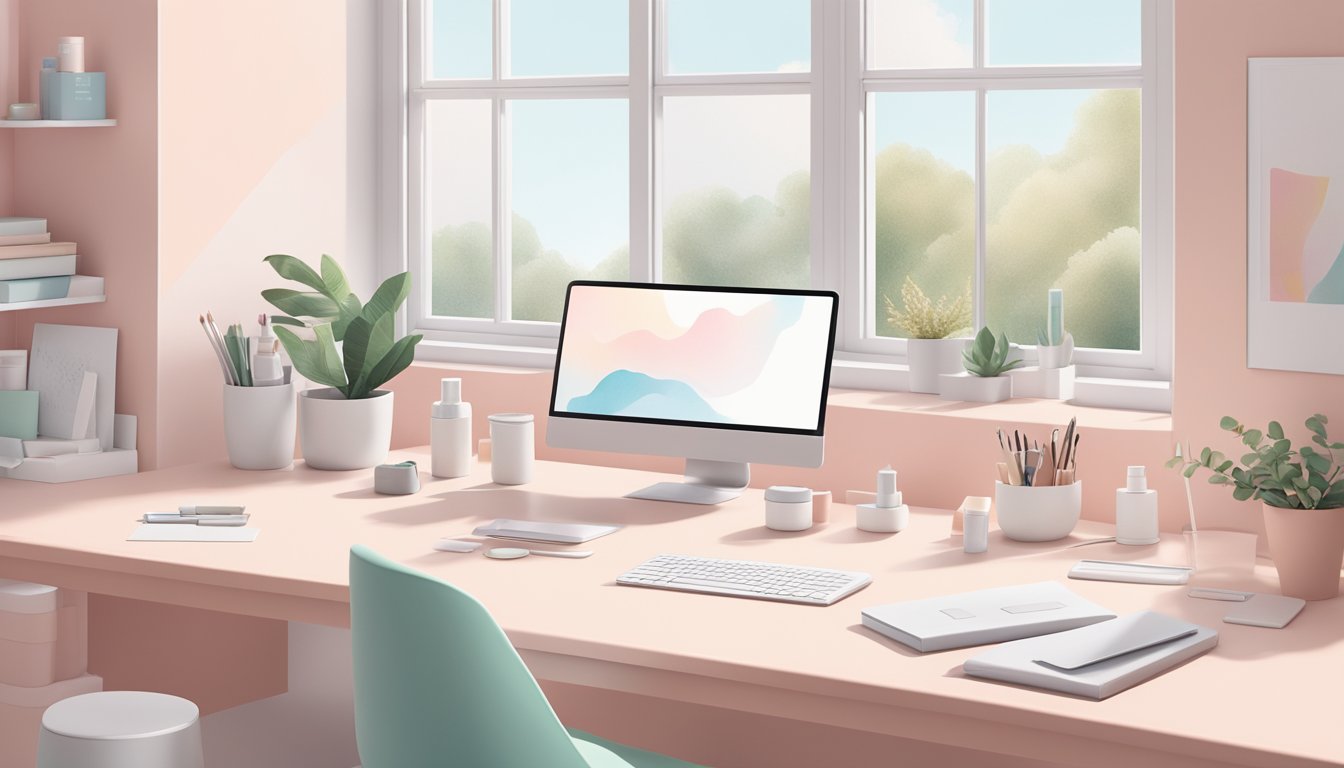 A clean, minimalist workspace with Glossier products neatly arranged on a white desk, surrounded by soft pastel-colored walls and natural light streaming in through a window