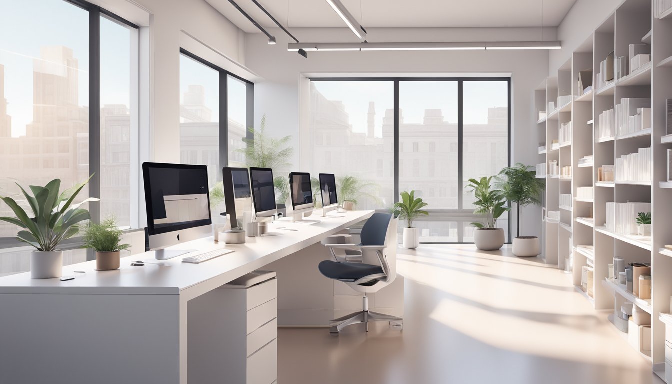 A sleek, modern office space with minimalist decor and natural light streaming in through large windows. Glossier products are displayed on clean, white shelves, creating a sense of effortless beauty and elegance
