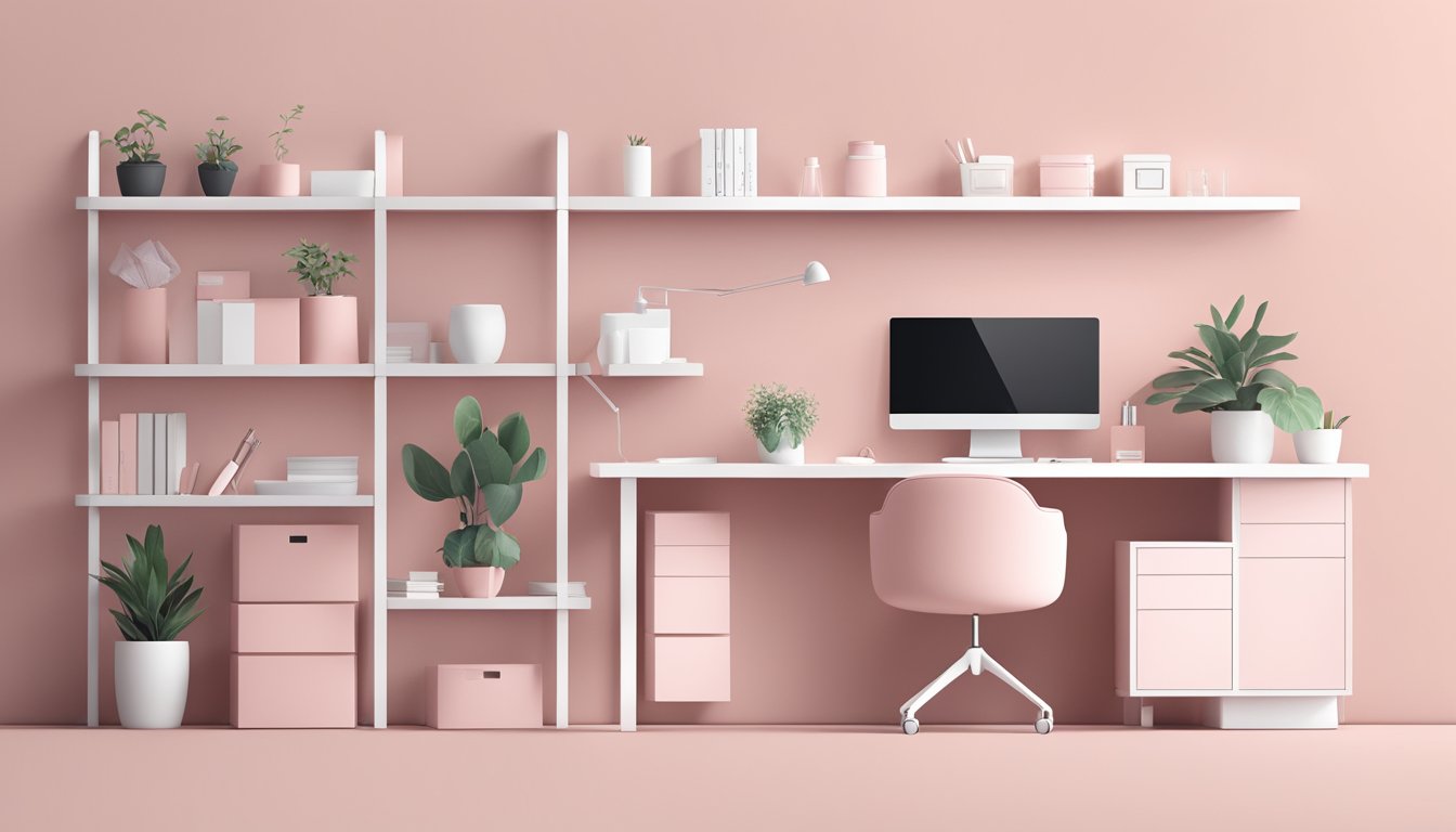 A modern, minimalist workspace with soft pink and white hues. Clean, simple typography and sleek packaging on a shelf