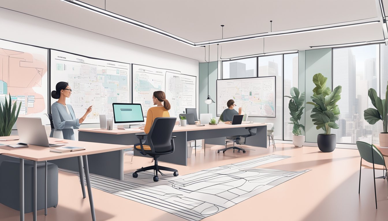 A sleek, modern office space with a whiteboard filled with strategic plans, a team of professionals collaborating, and a wall adorned with the Glossier brand logo and product images