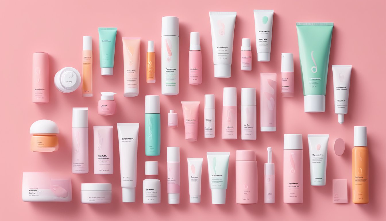 A sleek display of Glossier products, showcasing the brand's innovative range. Bright, modern packaging and clean, minimalist design