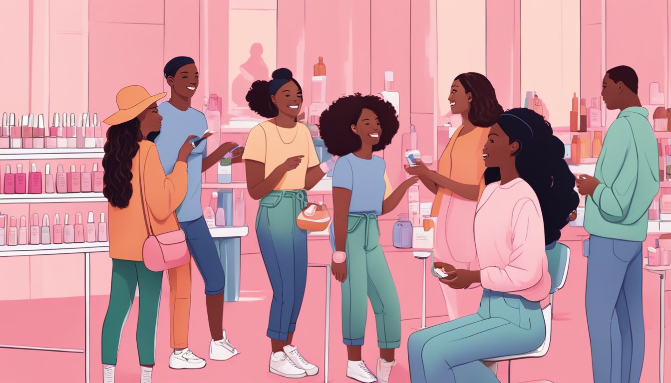 A diverse group of people gather around a vibrant, interactive display, engaging in conversation and bonding over their shared love for Glossier products