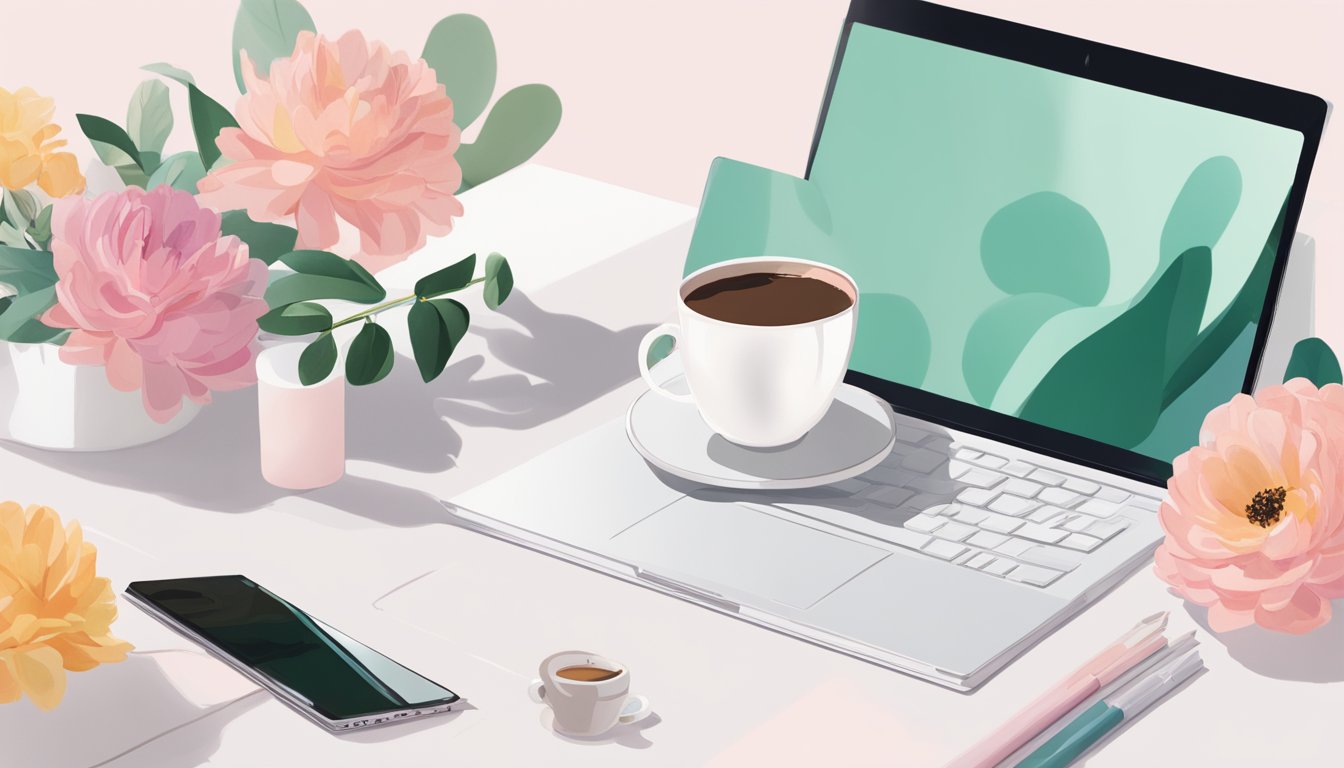 The Glossier brand book lies open on a clean, white desk. A cup of coffee sits next to it, surrounded by fresh flowers and a sleek laptop