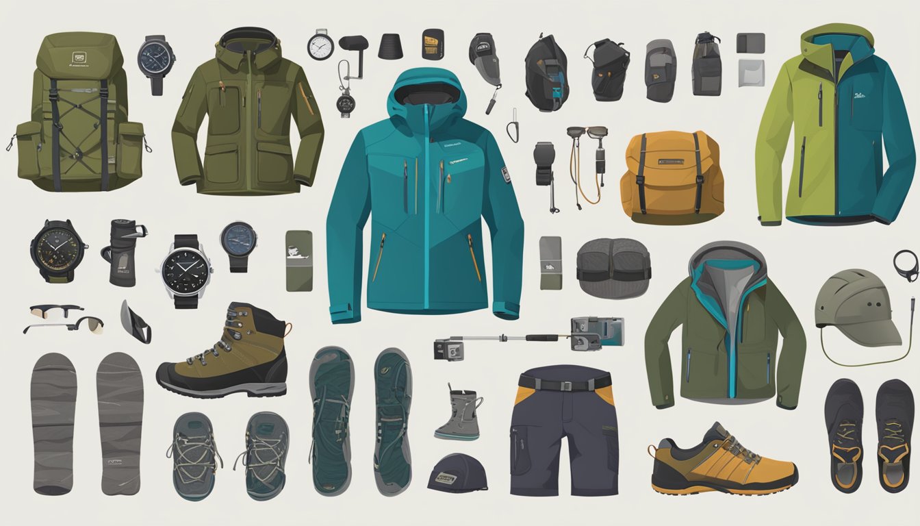 A display of essential adventure wear categories, featuring brands and gear for outdoor activities