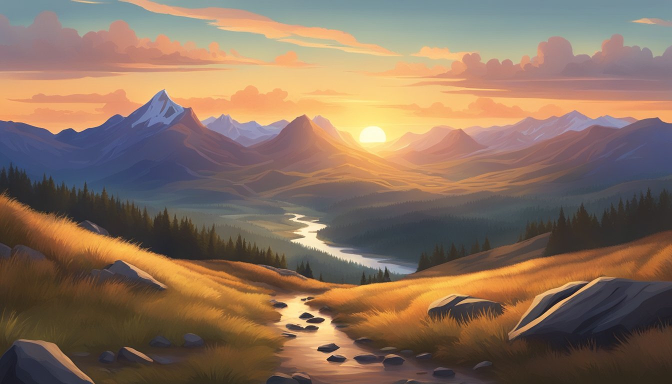 A mountain peak overlooks a vast, rugged landscape. A trail winds through the terrain, with a stream flowing nearby. The sun sets behind the mountains, casting a warm glow over the scene