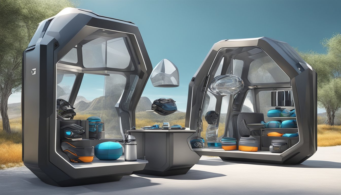 A futuristic outdoor gear showcase with advanced materials and innovative designs