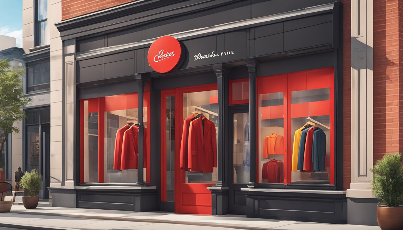 A vibrant red clothing brand logo displayed on a storefront window, with bold lettering and sleek design