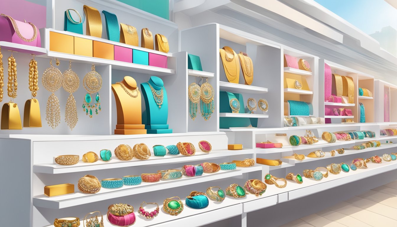 A display of colorful and elegant jewelry pieces arranged on sleek white shelves with price tags, set against a backdrop of a vibrant and bustling market in the Philippines