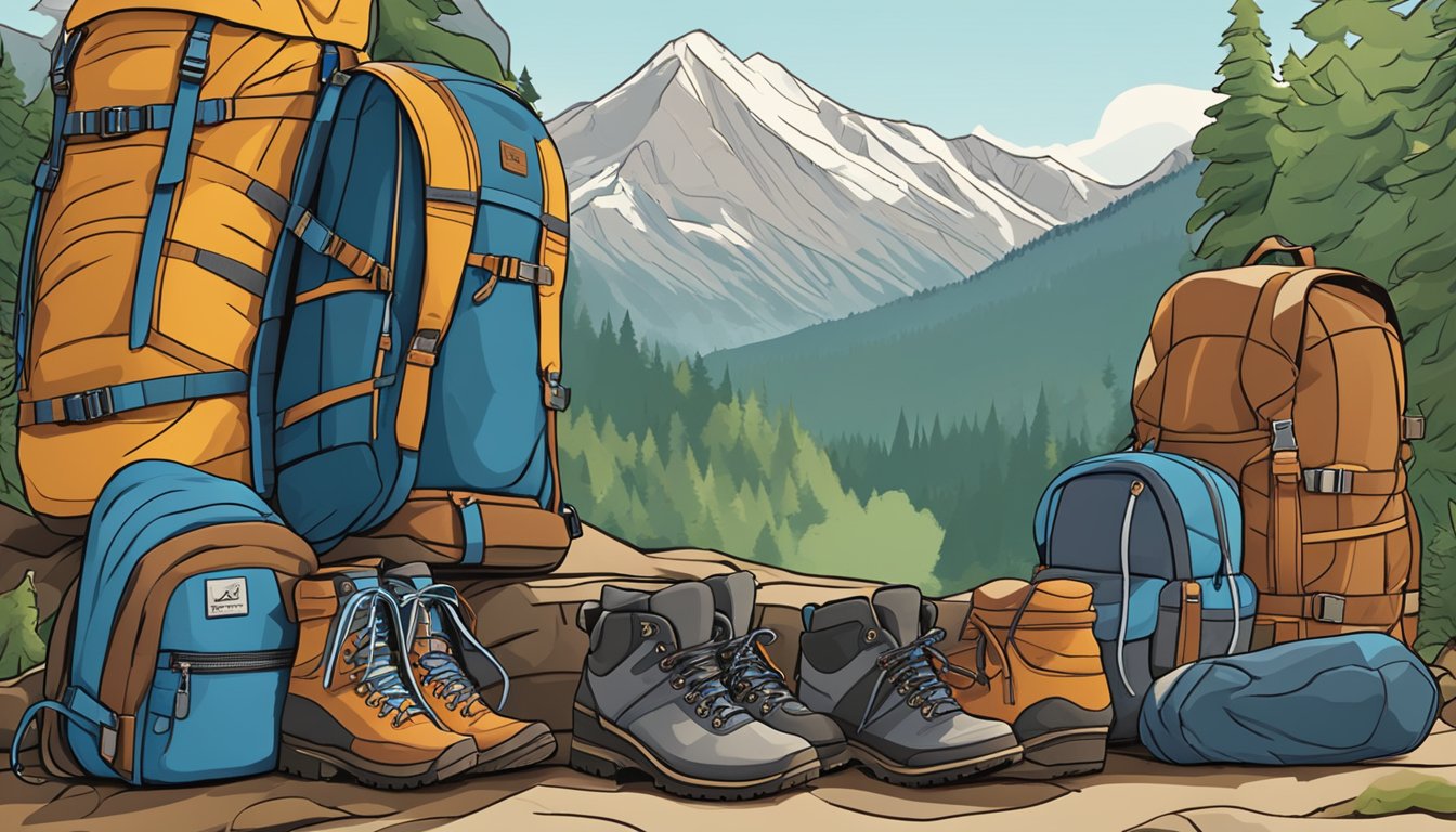 A display of adventure wear brands, featuring hiking boots, backpacks, and outdoor clothing, arranged in an outdoor setting with mountains and trees in the background