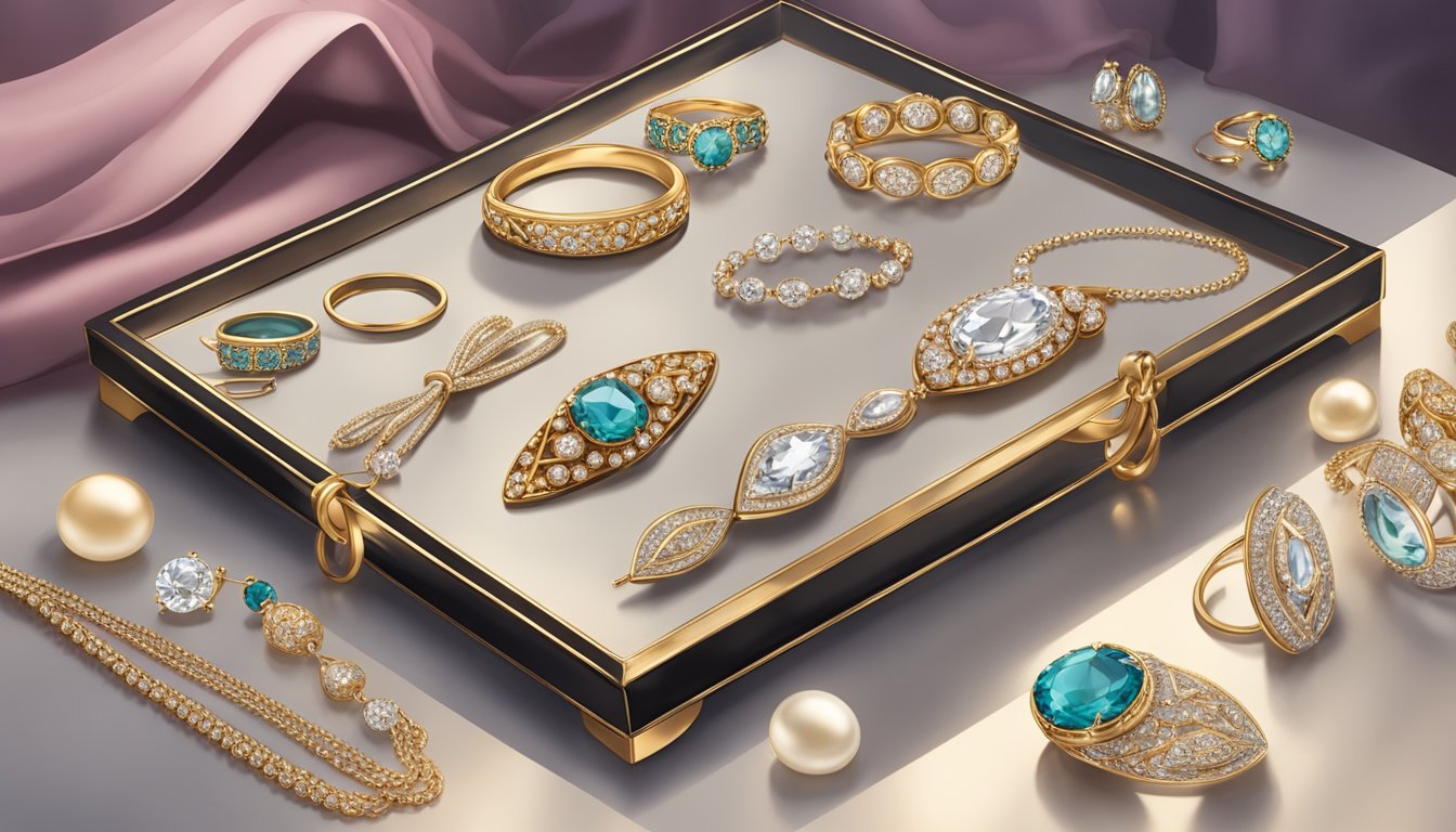 A display of elegant jewelry pieces on a velvet-lined tray, surrounded by soft lighting and a hint of luxury