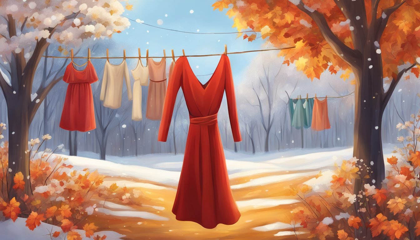 A vibrant red dress hangs on a clothesline, surrounded by blooming flowers in spring, golden leaves in autumn, and snow-covered branches in winter