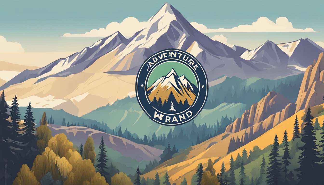 Adventure wear brands logo displayed on a rugged mountain backdrop with a trail leading into the distance