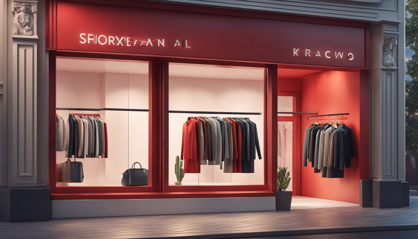 A red clothing brand logo displayed on a storefront window, with a stylish and modern interior showcasing the latest collection