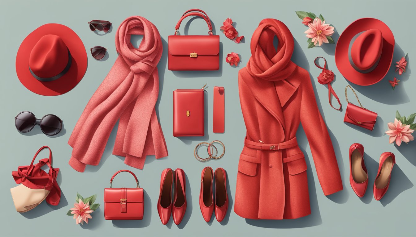 A display of red accessories, including scarves, hats, and handbags, arranged to complement a wardrobe of red clothing