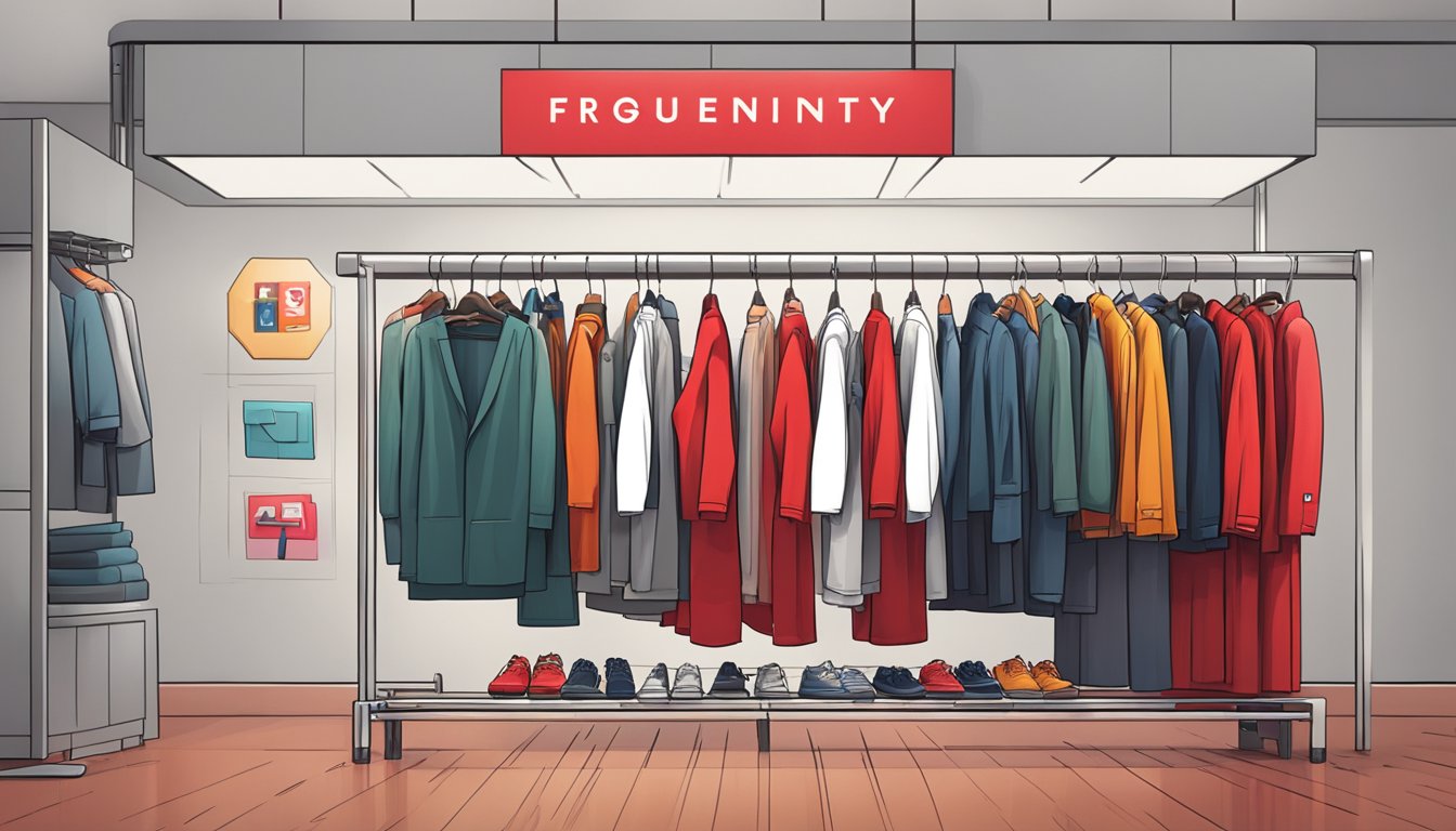 A line of vibrant red clothing displayed on a sleek, modern rack with a bold "Frequently Asked Questions" logo above