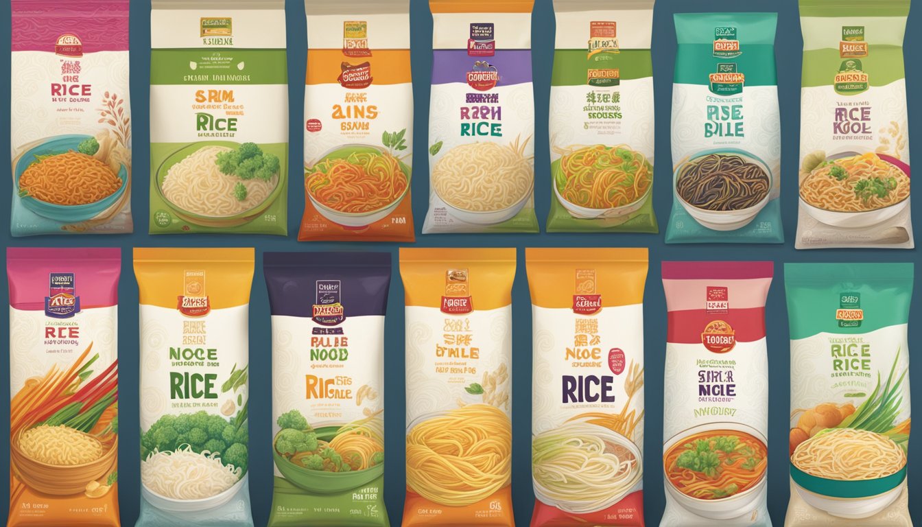 A table displays an array of rice noodle brands in various shapes and sizes. Packages feature vibrant colors and bold typography, showcasing the diverse options available for exploring rice noodle varieties