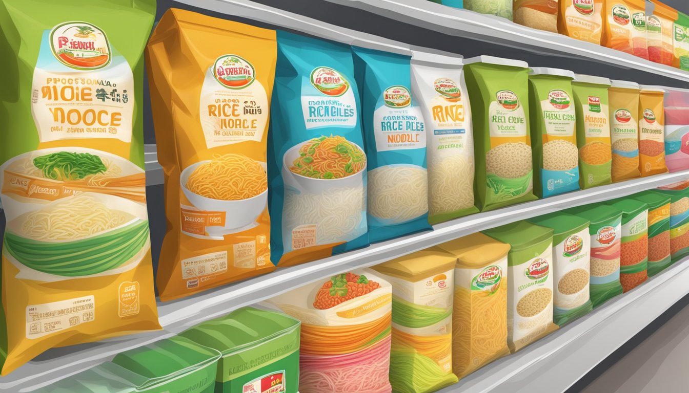 A variety of rice noodle brands displayed on a shelf in a grocery store. Bright packaging with colorful labels and different sizes of rice noodles