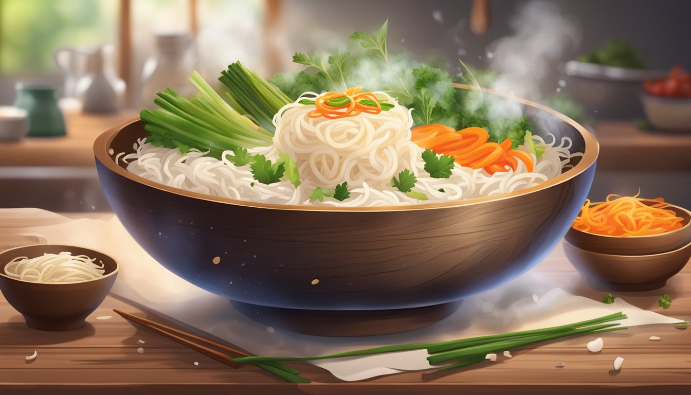 A steaming bowl of rice noodles sits on a wooden table, surrounded by vibrant vegetables and savory sauces. Steam rises from the bowl, highlighting the delicious aroma