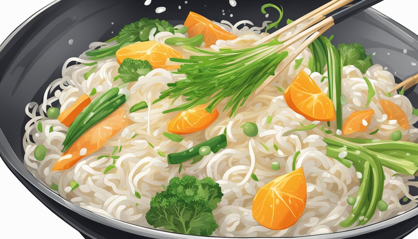 Rice noodles being soaked in hot water, then drained and rinsed. Stir-frying with vegetables and protein. Adding sauce and garnishes