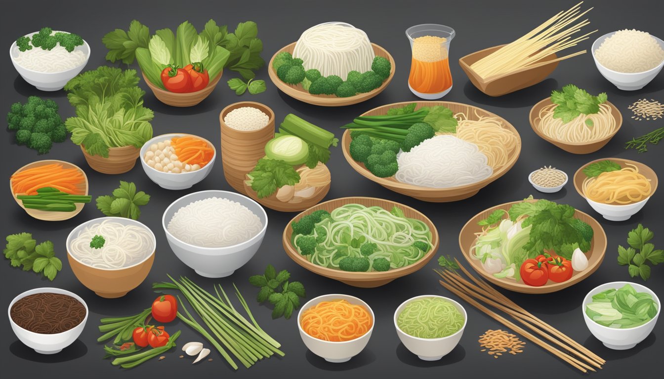 A variety of rice noodle brands arranged with fresh vegetables and herbs, highlighting their health and nutritional benefits