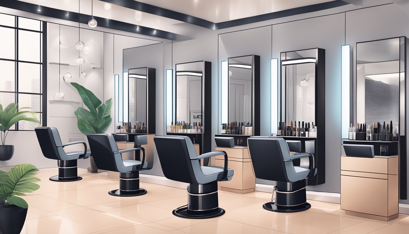 A sleek, modern salon with bold branding and high-tech hair care products on display