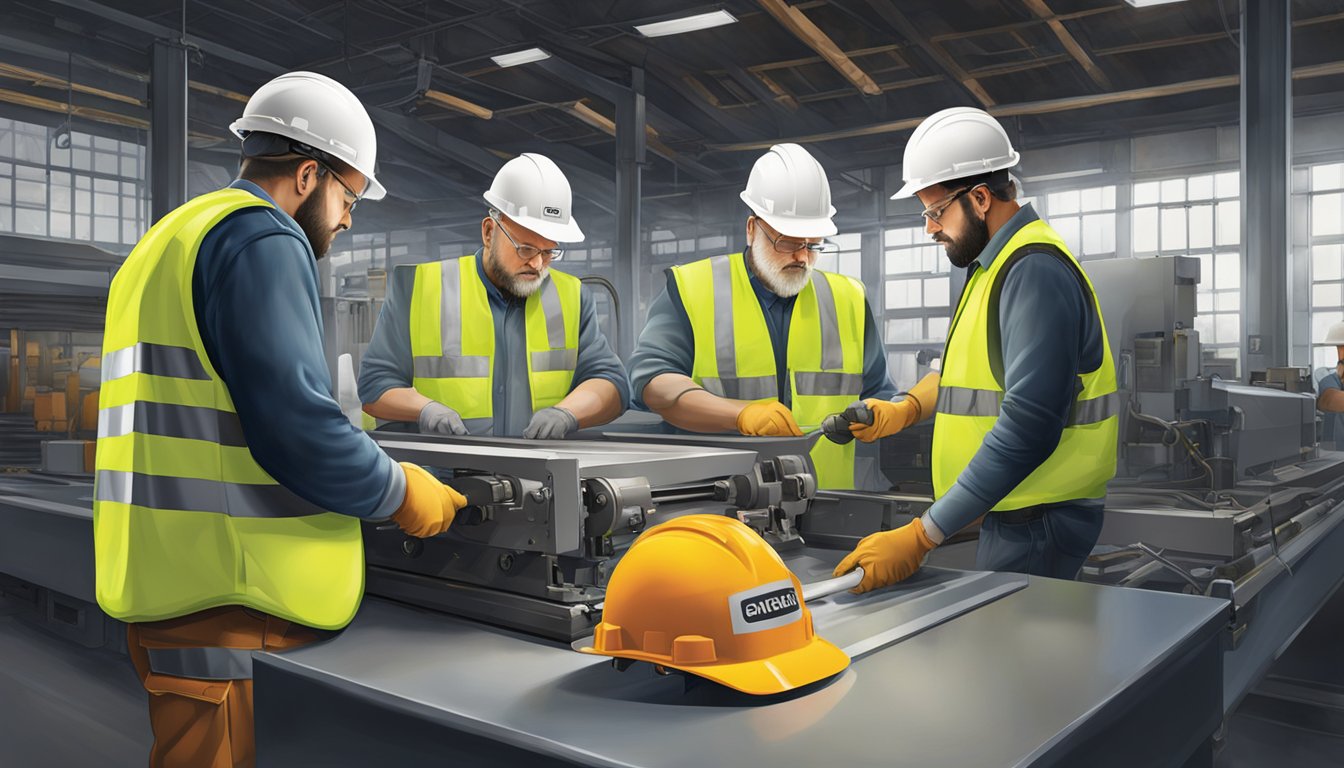 A group of men in hard hats and reflective vests work together to maintain and repair the Grafen brand equipment in a busy industrial setting