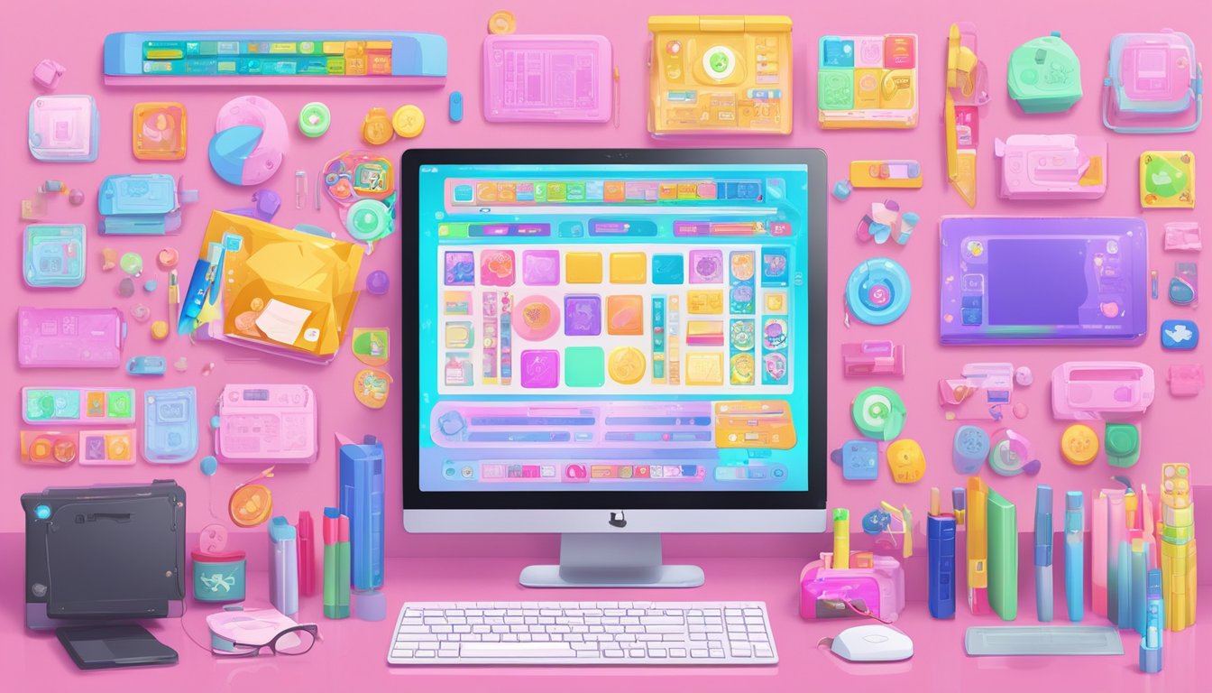 Colorful computer screen displaying "Aikatsu Brand Name Generator" with various options and buttons. Surrounding area cluttered with design materials and inspiration