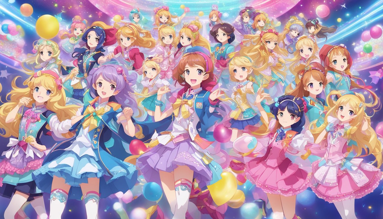 A vibrant display of Aikatsu brand logos and characters, surrounded by colorful costumes and accessories, creating an exciting and dynamic atmosphere