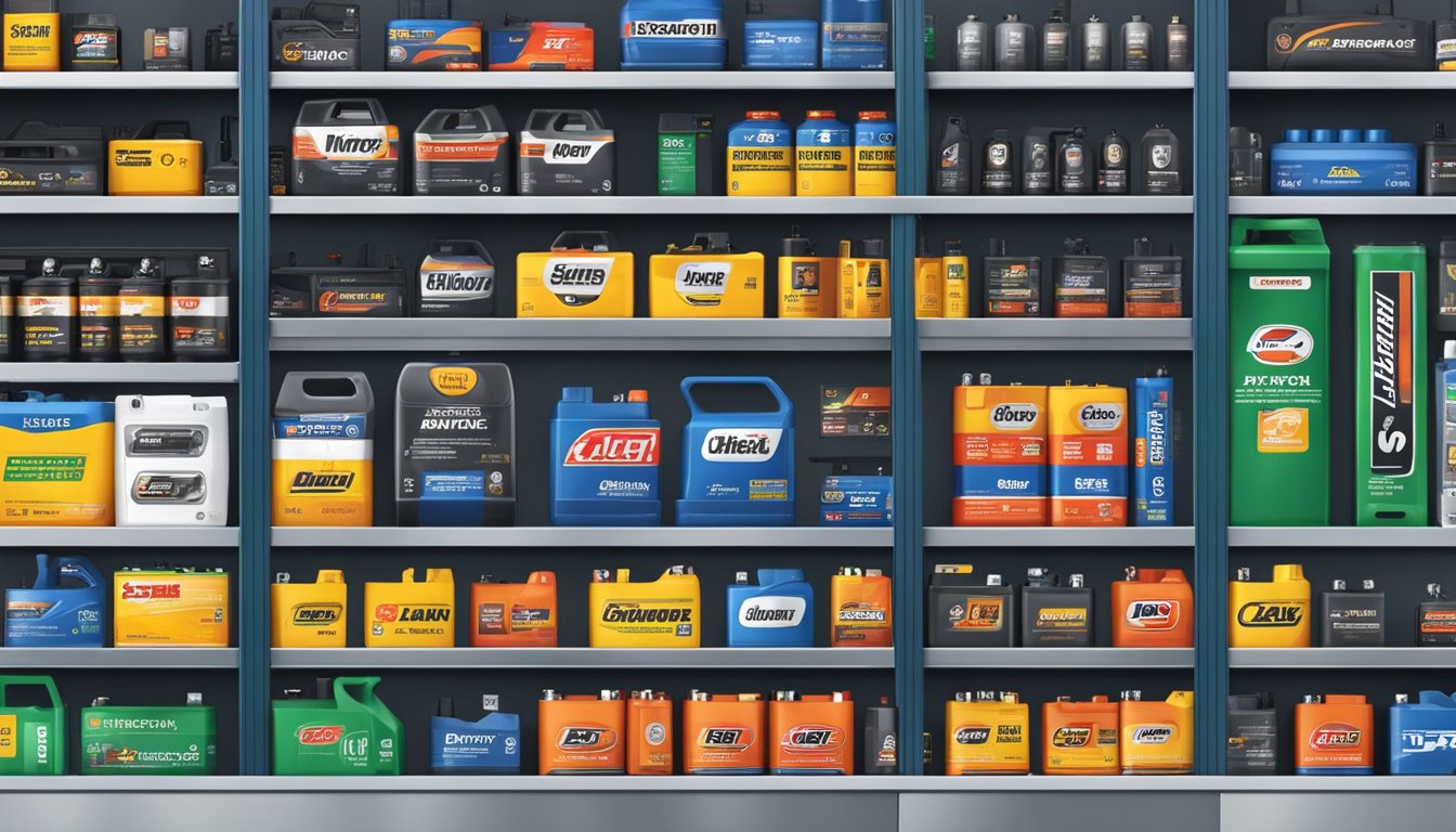 Various car battery brands arranged on shelves, with logos visible