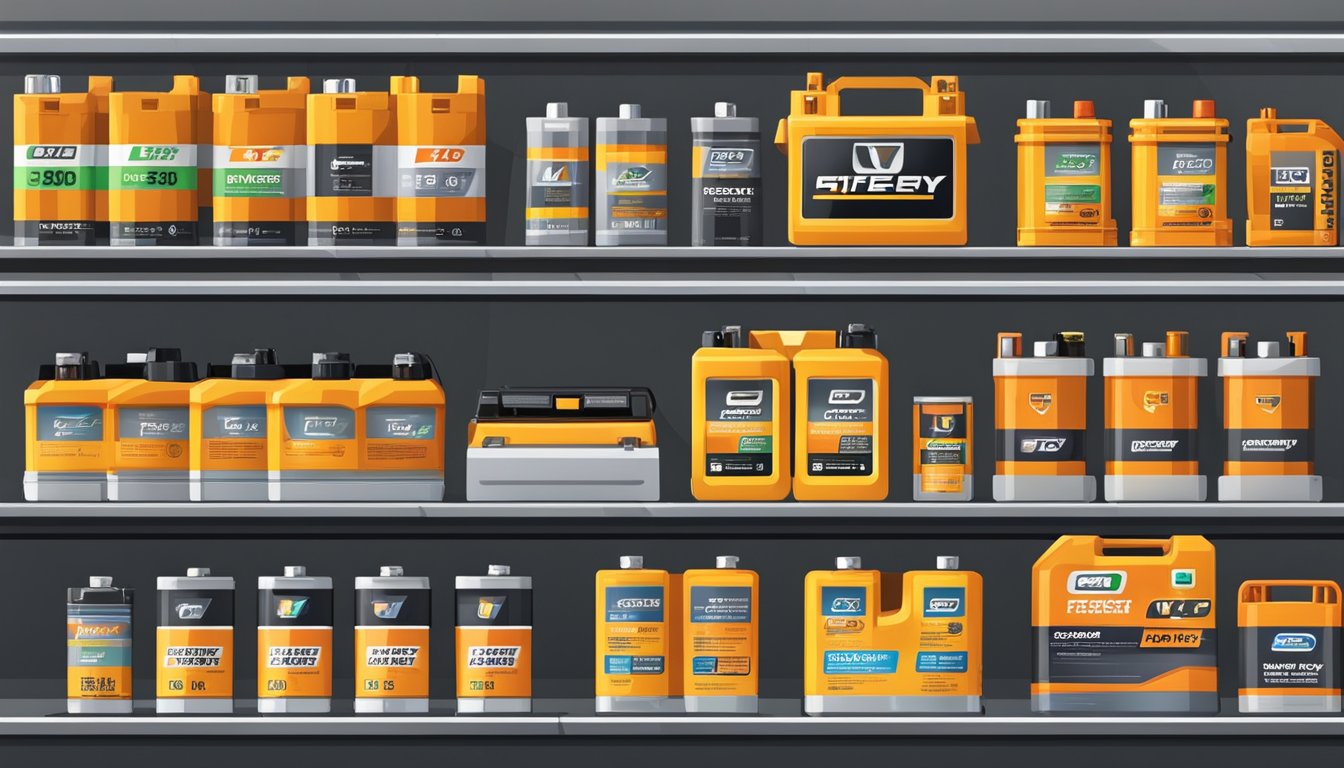 Various car battery types displayed on shelves, including different brands and sizes