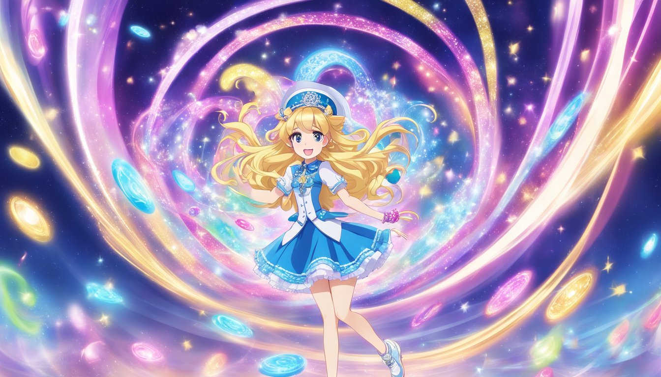 Aikatsu brand names swirl in a vibrant, sparkling vortex, emitting a magical glow. The names dance and twirl, creating an enchanting display of color and energy