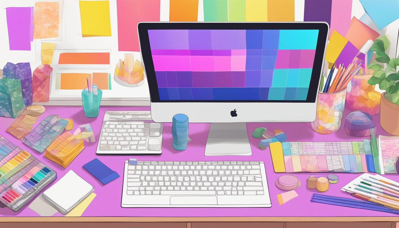 A colorful array of fashion sketches, logo designs, and fabric swatches spread out on a designer's desk, with a computer screen displaying aikatsu brand name generator tool