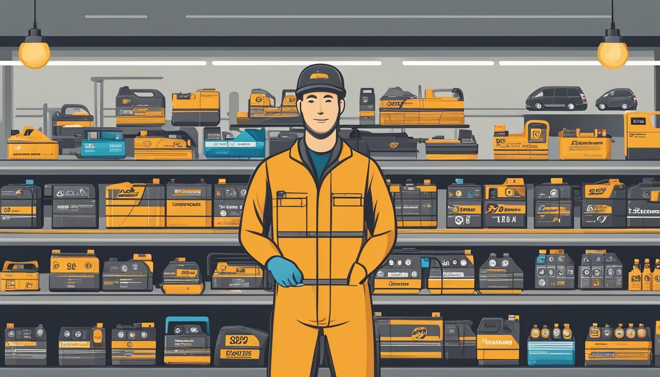 A mechanic holds various car battery brands, comparing sizes and specifications for the right fit