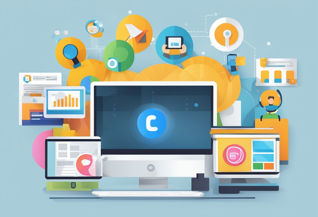 A diverse group of digital content (blogs, videos, infographics) being distributed across various platforms to increase brand visibility and engagement