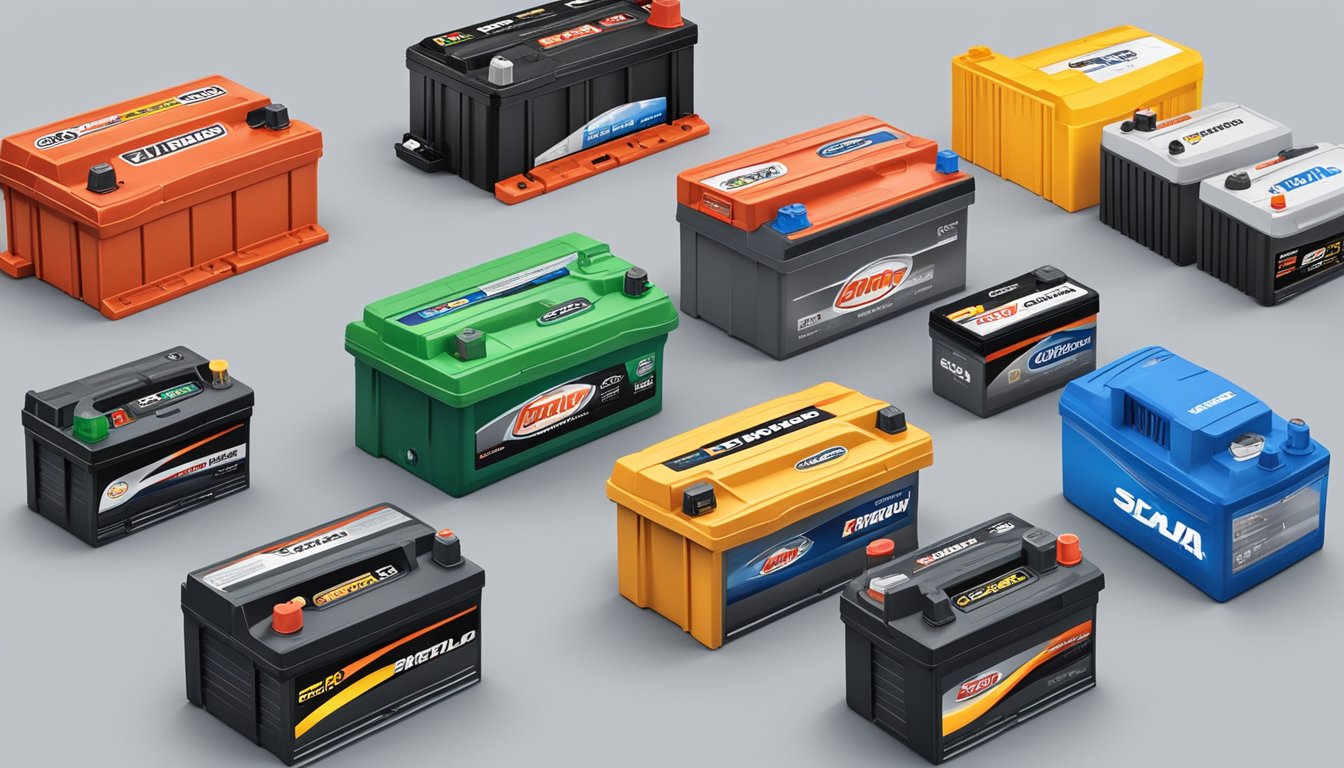 Various car battery brands lined up with their logos and product offerings displayed, showcasing the diversity of options available to consumers