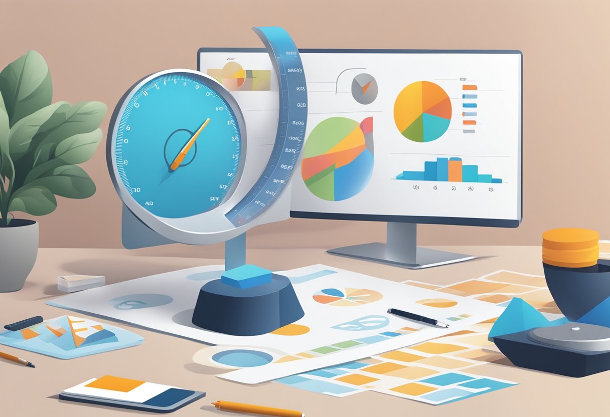 A scale measuring brand awareness with a graph showing enhancement. Brand logos and marketing materials surround the scene