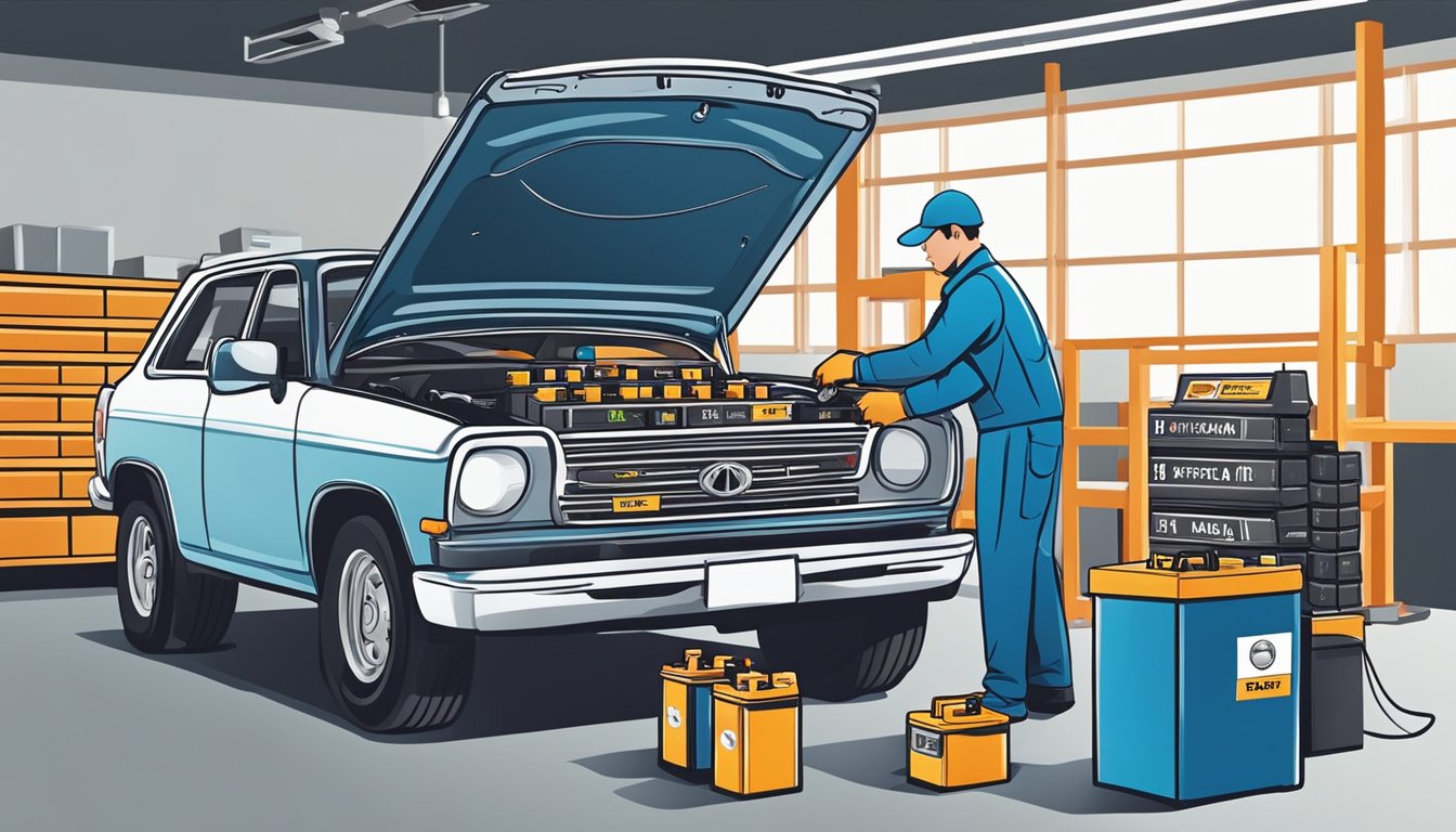 A mechanic installs and maintains various car battery brands, ensuring longevity