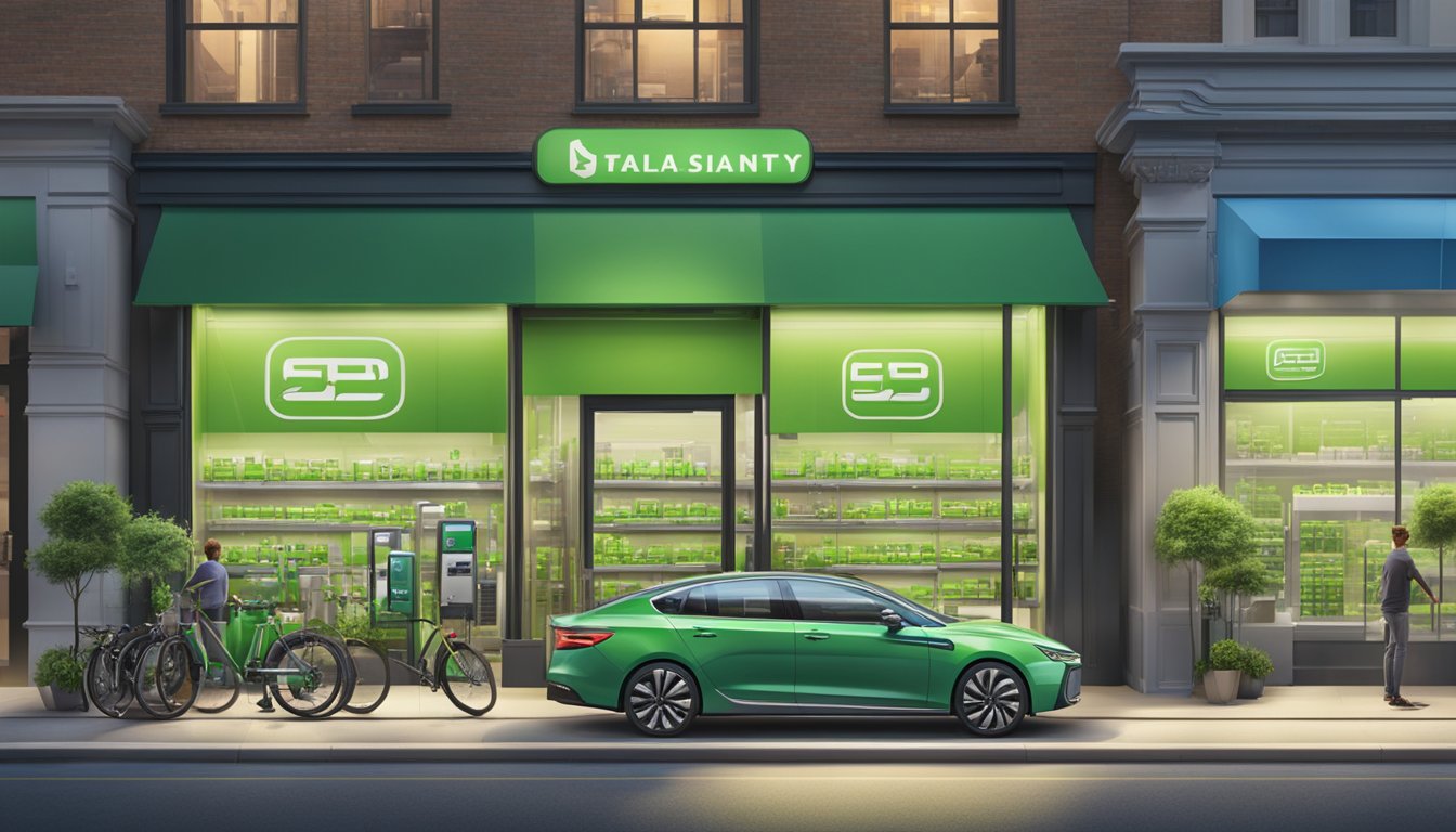 A bustling city street with various car battery brands displayed in storefront windows, surrounded by green technology and renewable energy infrastructure