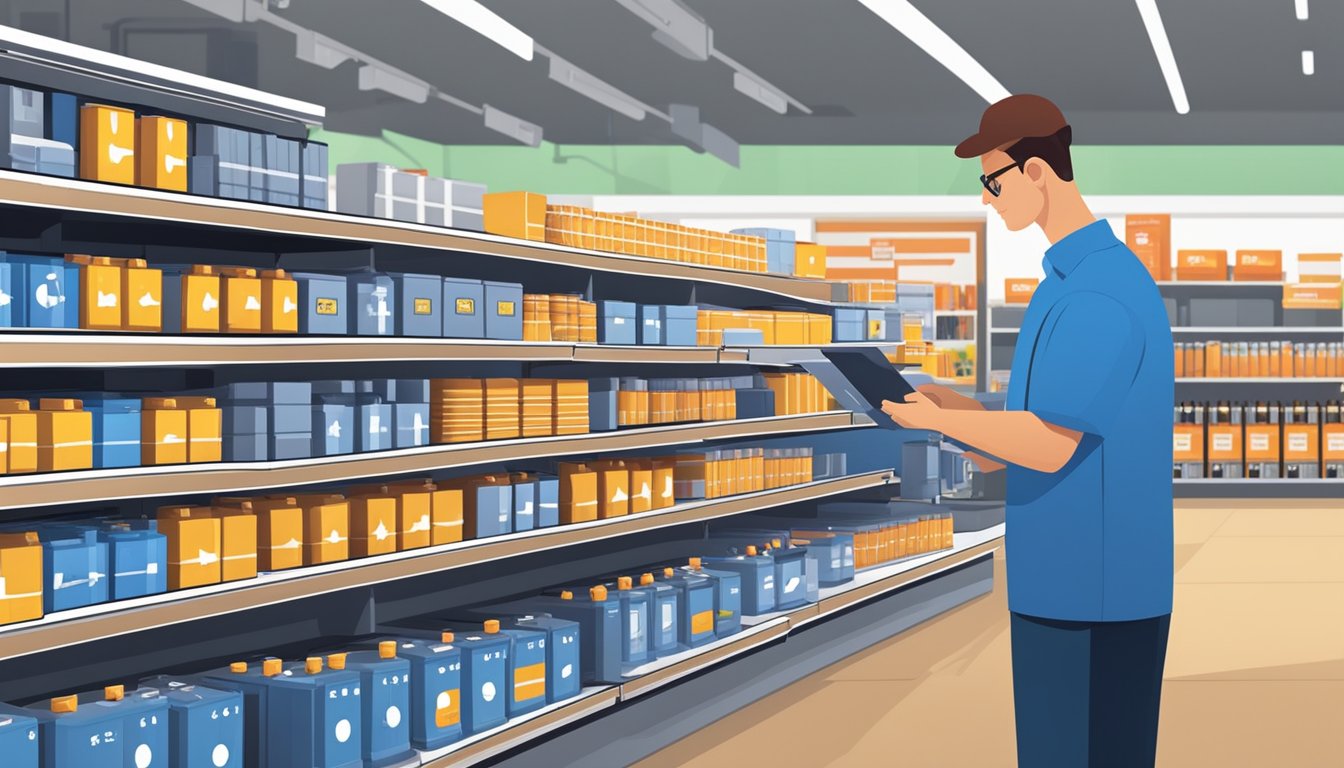 Customers compare car battery brands for price, performance, and reliability in a bright, spacious store with shelves stocked with various battery options